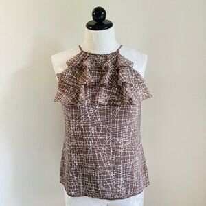 Ann Taylor Brown & White Silk Ruffled Sleeveless Blouse Size S
